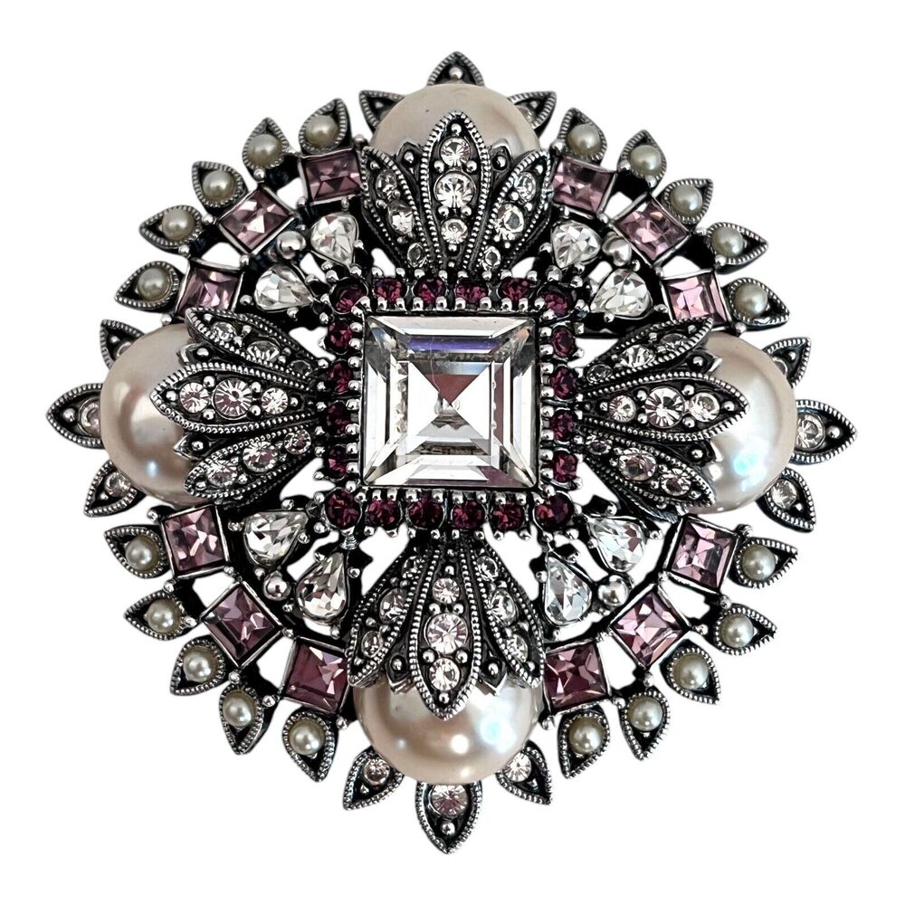 Vintage 1990s Joan Rivers Maltese Cross Brooch Enhancer Crystal Pearl - 8K